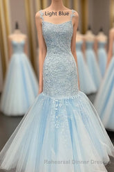 Straps Mermaid Light Blue Lace Appliqued Long Semi Formal Prom Dress